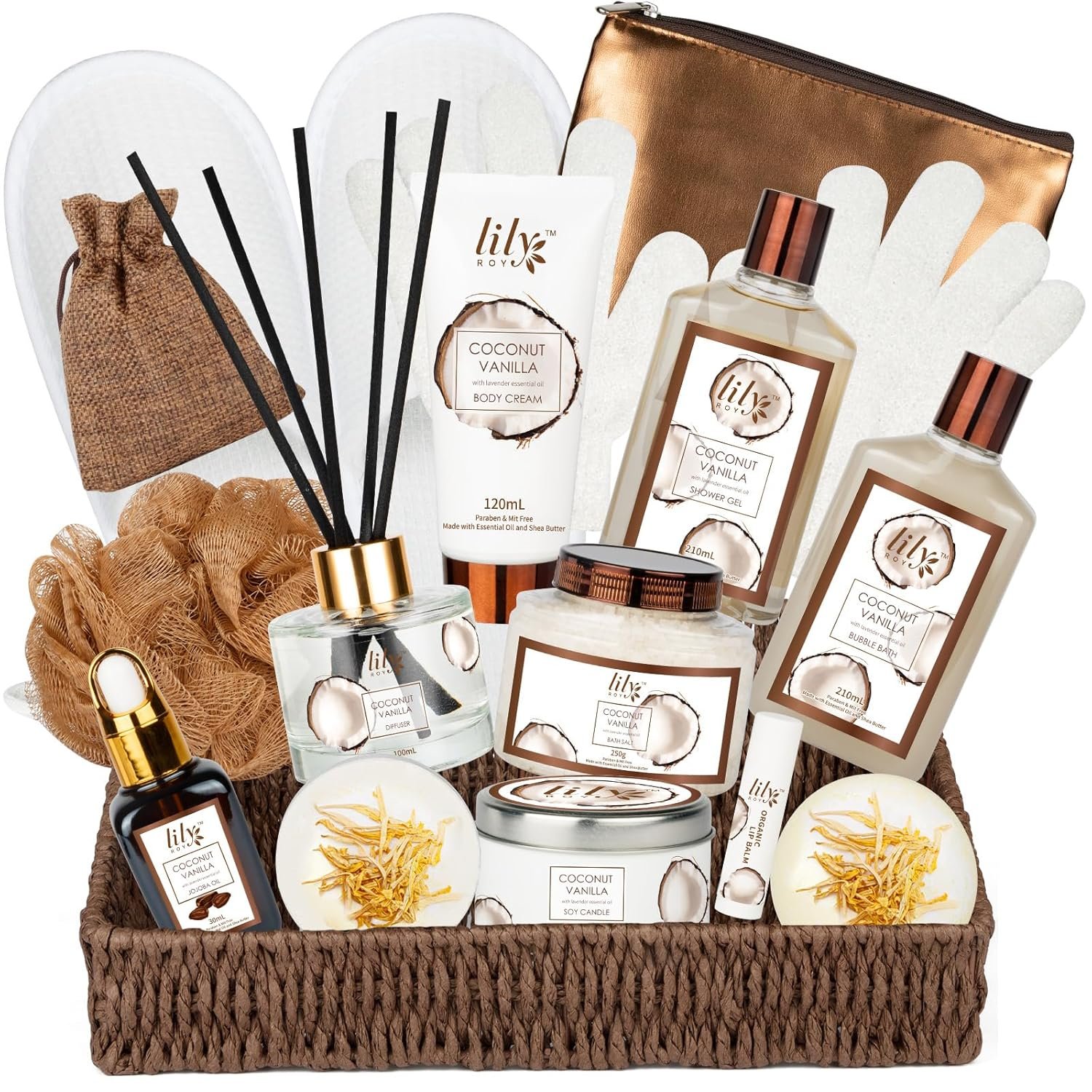 Bath and Body Gift Basket Set for Women – Coconut Vanilla Christmas Gifts for Women, Spa Gift Basket 17-Piece Bath Gift Set Self Care Gifts for Mothers Day, Fathers Day, Birthday Gifts for Her & Him