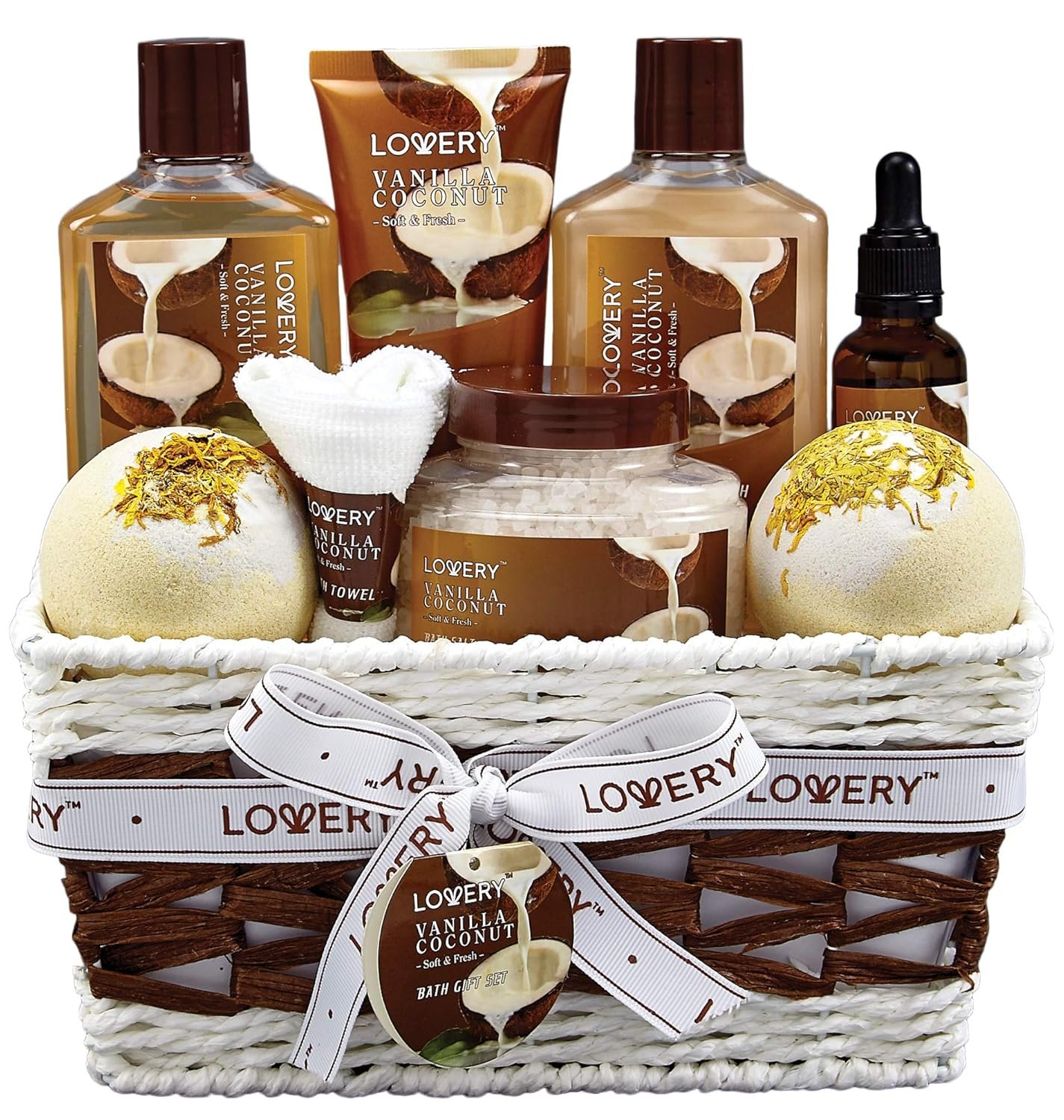 Gifts For Women Gift Basket for Women– 9 Piece Christmas Gifts Set of Vanilla Coconut Home Spa Set, Includes Fragrant Lotions, Extra Large Bath Bombs, Coconut Oil, Luxurious Holiday Bath & Body Sets