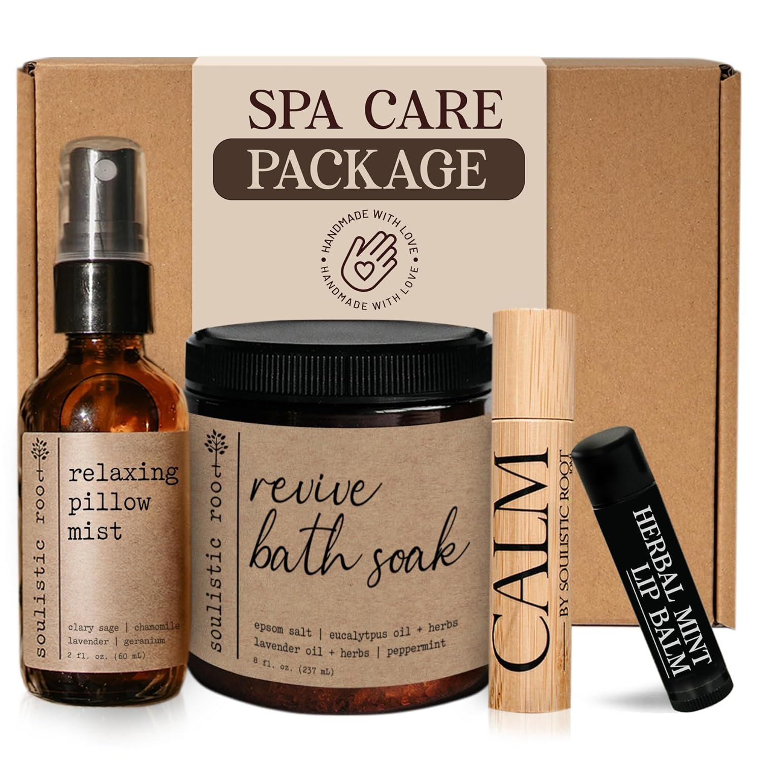 SOULISTIC ROOT Spa Kit for Women – Relaxing Self Care Gift Set with Lavender Pillow Spray, Mint Lip Balm, Calm Essential Oil Roller & Epsom Salt Bath Soak – Luxury Pampering Package for Home & Bath