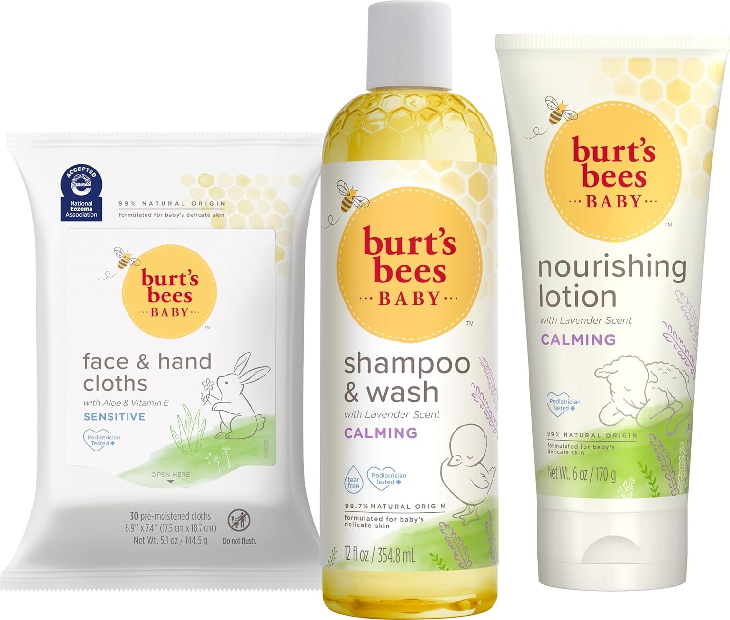 Burt’s Bees Baby Gift Set for Baby Showers, Includes Baby Essentials, Shampoo and Wash with Lavender, Body Lotion, Wipes and Cloths, Naturally-Derived Origin Skincare, 3 Count
