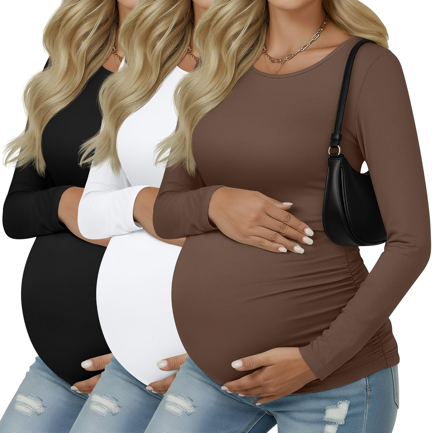 Ficerd 3 Pack Women’s Maternity Shirts, Long Sleeve Side Ruched Pregnancy Tee Tops Crew Neck Casual Mama Clothes Basic Tunic