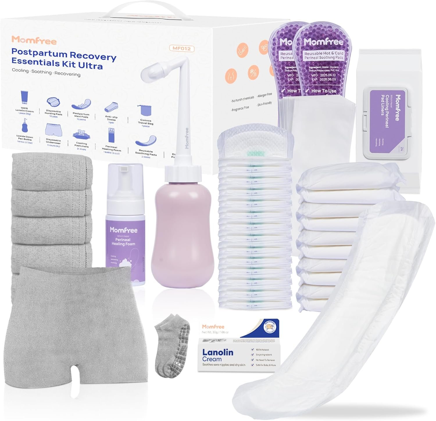 Upgraded Postpartum Essentials Recovery Kit for Women: Labor Delivery Post Partum – Perineal Healing Foam & Upside Down Peri Bottle | 6 Disposable Underwear | Soothing Pads | Nursing & Maxi Pads