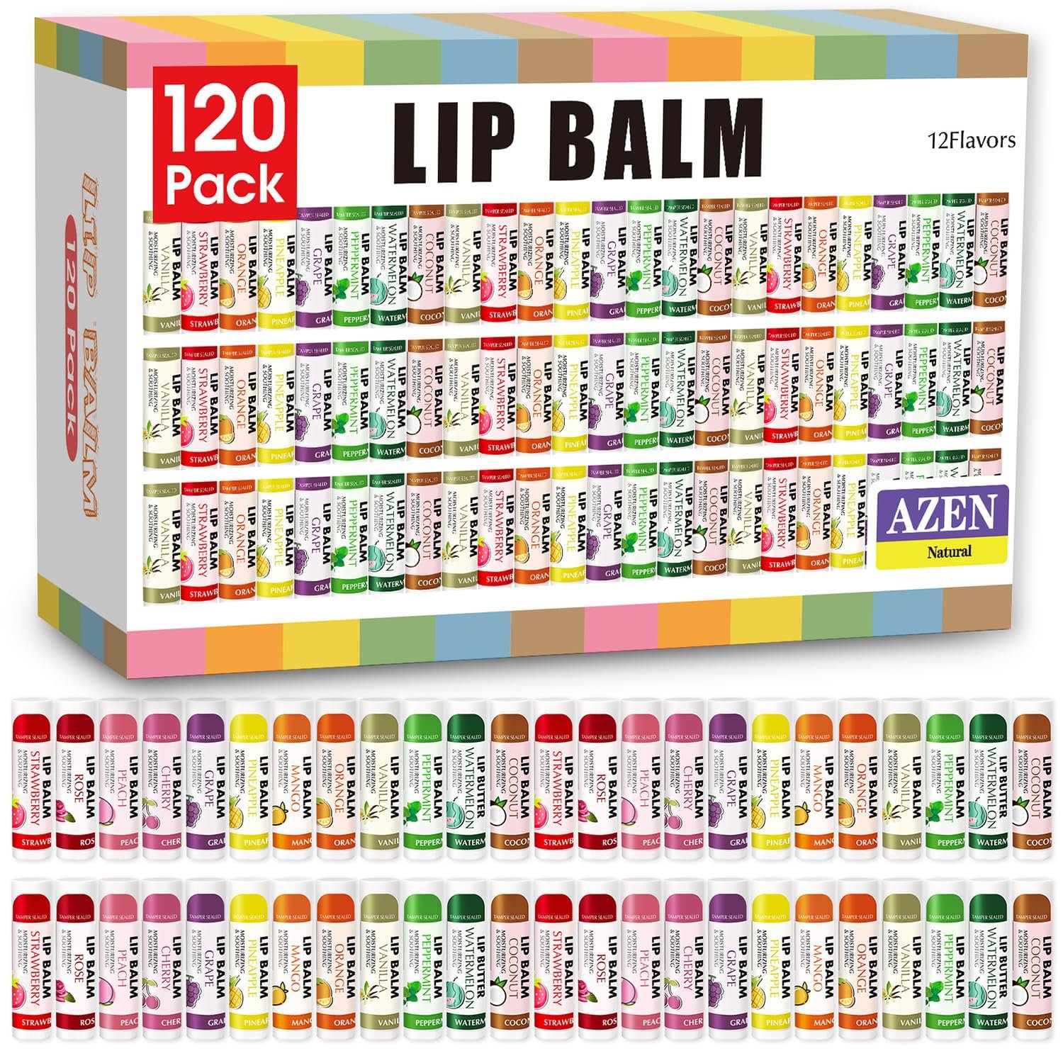 AZEN 120 Pack Lip Balm, Natural Lip Balm Bulk, Lip Care Product, Moisturizing Lip Balms for dry cracked lips – 12 Flavors