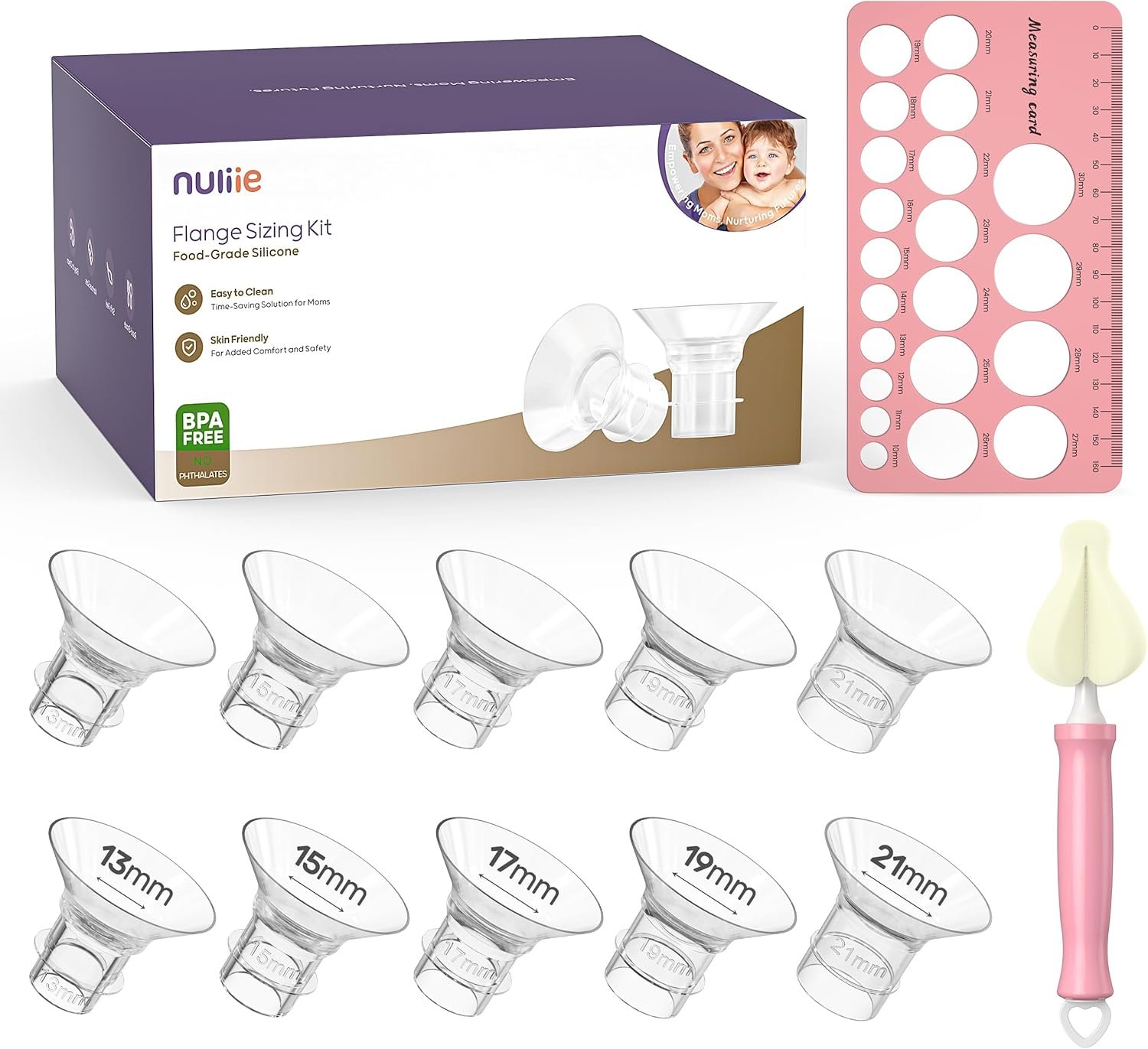 Nuliie 10PCS Silicone Flanges Insert Replacement Kit, Flange Sizing Kit 13/15/17/19/21mm for 24mm Flange/Shield Breast Pumps, Pumping Essential Kit for Moms