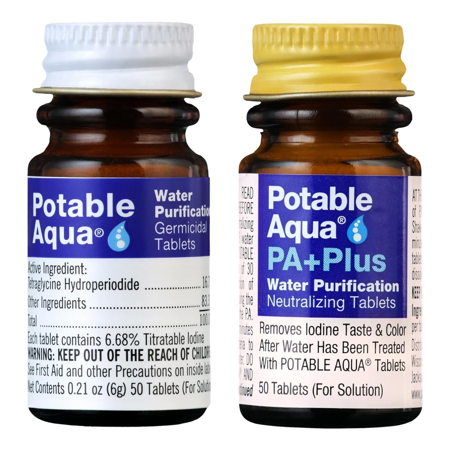 Potable Aqua Water Purification Tablets with PA Plus, Portable and Effective Solution for Camping, Hiking, Emergencies, Natural Disasters and International Travel, Two 50ct Bottles
