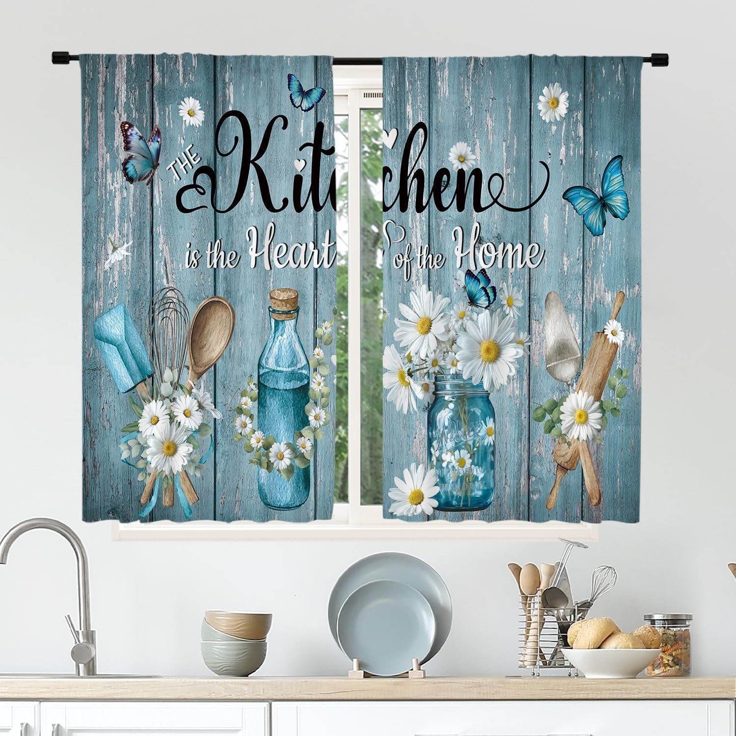 Cinbloo Teal Daisy Flower Kitchen Curtains 27.5Wx39H Inch Rod Pocket Rustic Floral Farmhouse Country Wooden Kitchenware Art Printed Funny Quotes Living Room Bedroom Window Drapes Treatment 2 Panels