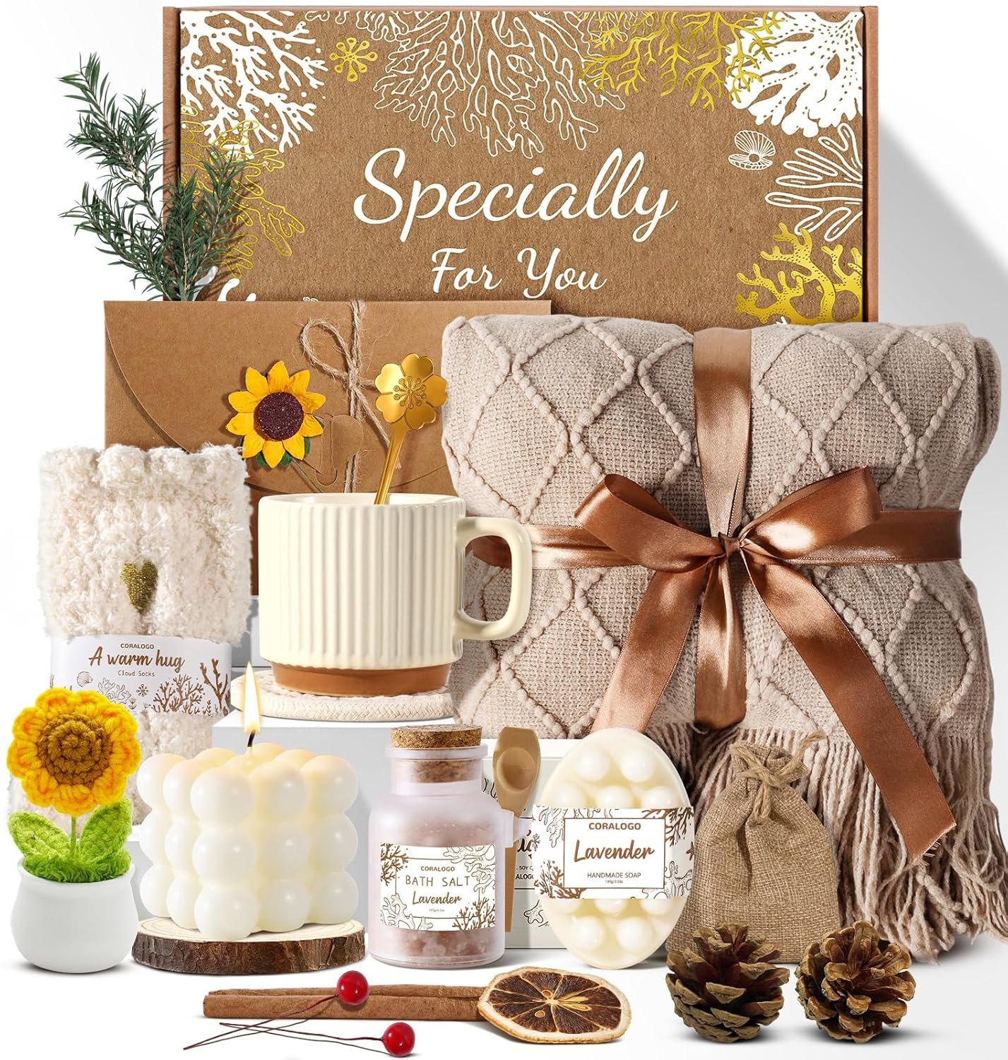 Coralogo Spa Gift Baskets for Women – Get Well Soon, Self Care, Relaxing Sunflower Gift Basket, 12pcs Spa Sets for Women, Luxury Gifts for Birthday Christmas Valentines Day Mothers Day