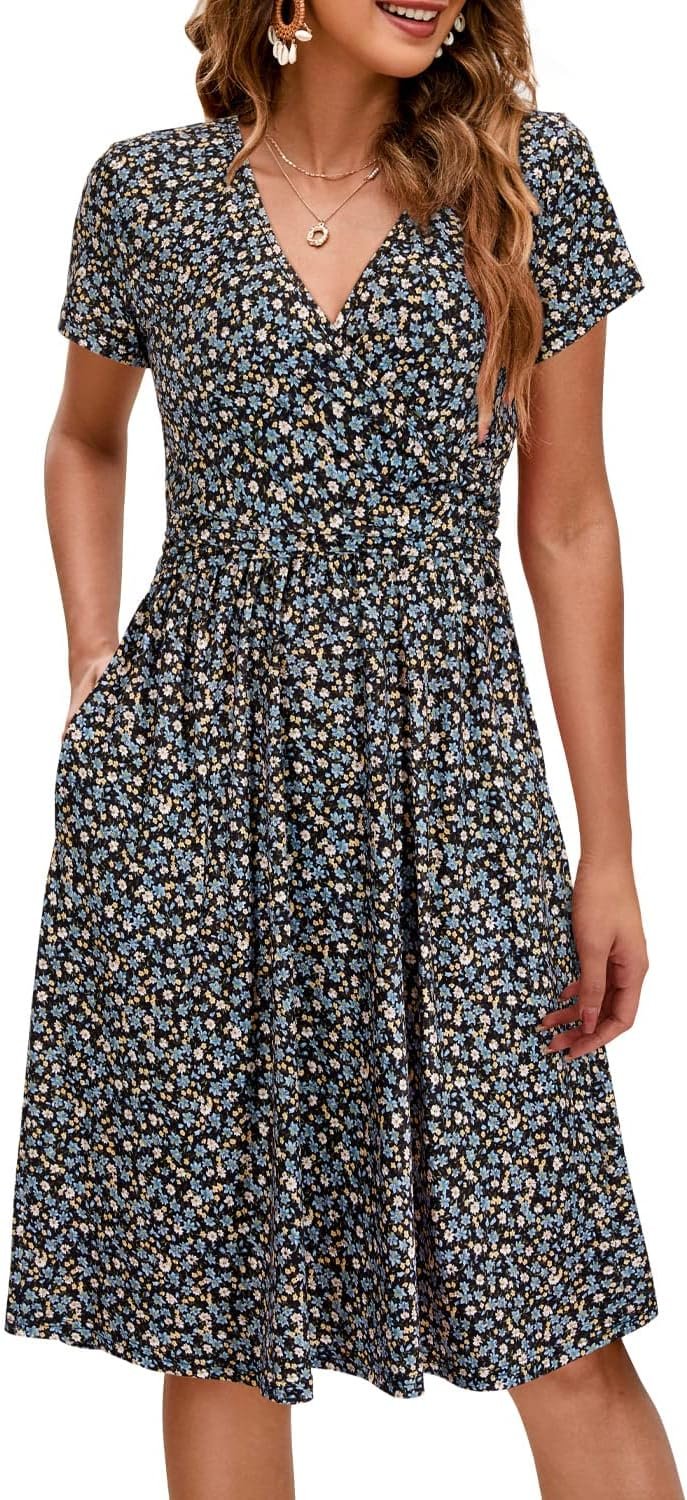 OUGES Women’s 2026 Fashion V Neck Midi Dress with Pockets Maternity Clothes Nursing Dresses