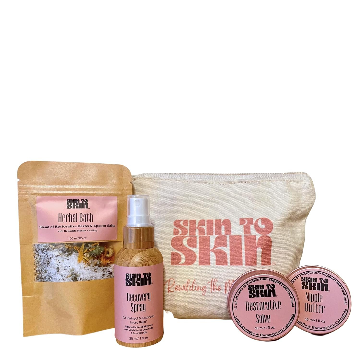 Skin to Skin Postpartum Recovery Kit – 4 Piece Set in Cosmetic Bag – Includes: Herbal Bath, Recovery Spray, Restorative Salve, Nipple Butter – After Birth Care