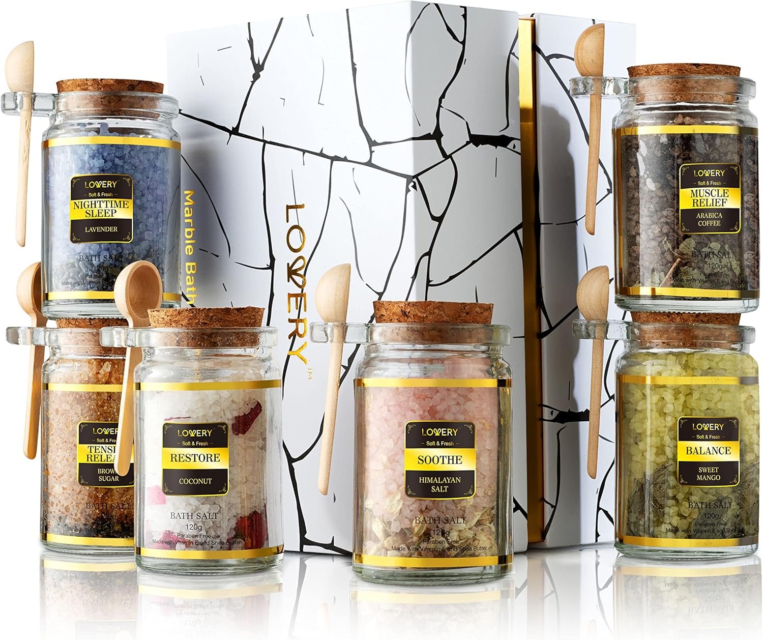 Bath Salts Christmas Gift Set with Lavender, Arabica Coffee, Mango, Sugar, Himalayan & Coconut, 6pc Bath Soaks, Relaxing Spa Salt with Essential Oils, Vitamin E, Jojoba Oil, Shea Butter, Fresh Herbs