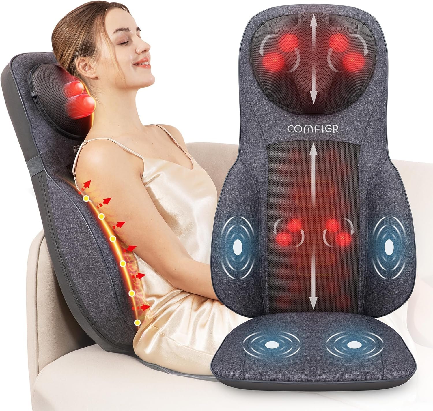COMFIER Neck Back Massager with Heat, Height Adjustable Chair Massager Seat Cushion for Neck Shoulders, Shiatsu Massage Chair Pad for Back Support,Gifts for Dad,Mom,Gray