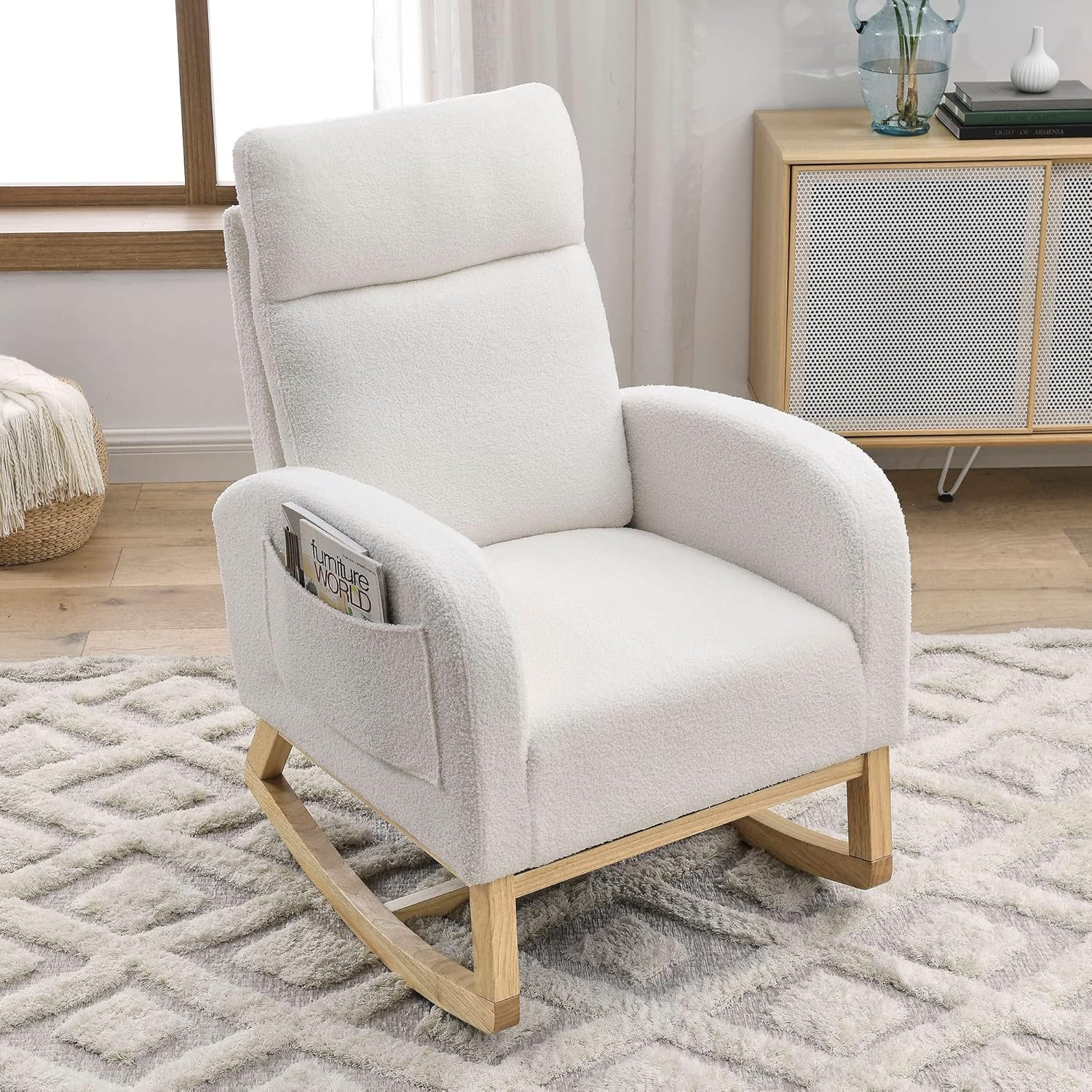 Nursery Rocking Chair with Solid Wood Legs, Glider Chair for Nursery with Two Side Pockets, Rocker Armchair for Living Room Bedroom (Ivory White, Teddy Fabric)