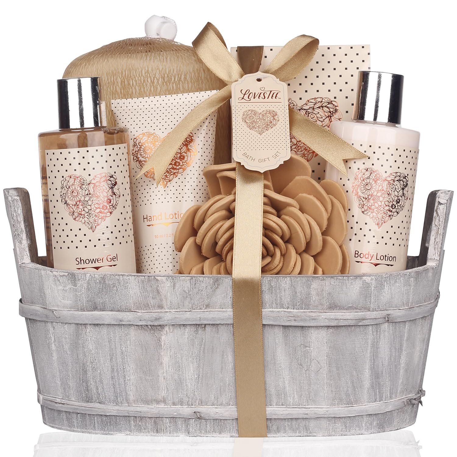 Spa Gift Basket – Bath and Body Set with Vanilla Fragrance by Lovestee – Gift Basket Includes Shower Gel, Body Lotion, Hand Lotion, Bath Salt, Eva Sponge and a Bath Puff