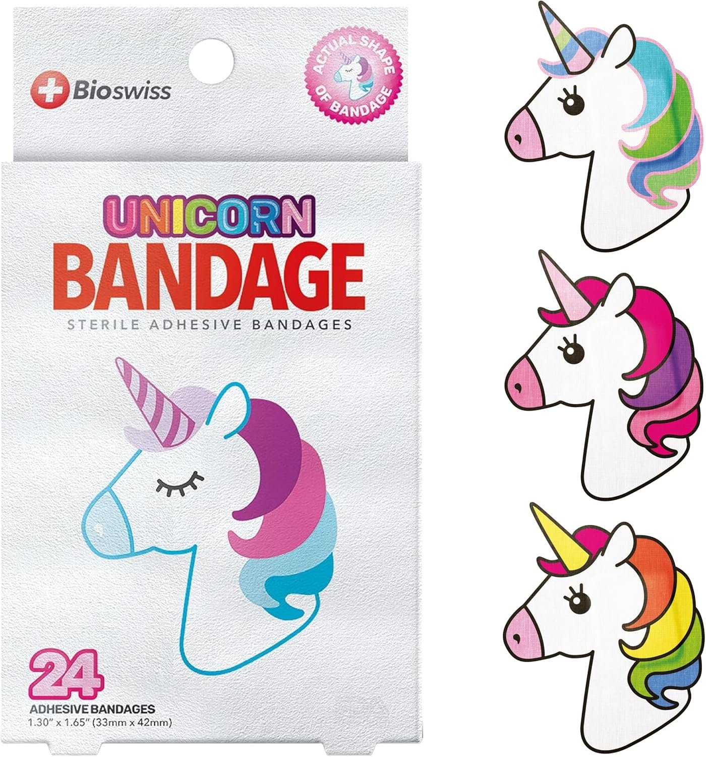 BioSwiss Kids Bandages, Unicorn Shaped Self Adhesive Bandage Set, Latex Free, Sterile Wound Care, 24 Count