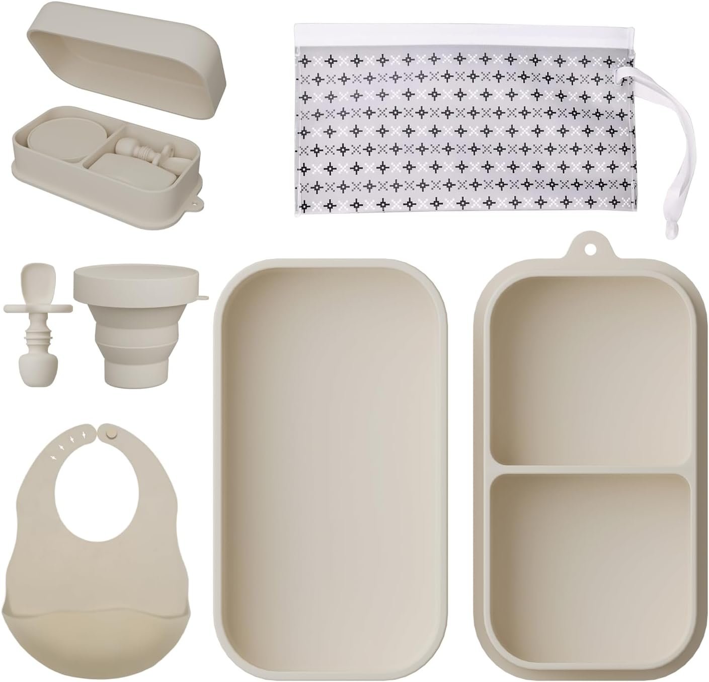 Travel Silicone Baby Feeding Set Portable Toddler Feeding Supplies Toddler Plates and Bowls Set Baby plates with Suction With spoon and cup, bib and waterproof storage bag