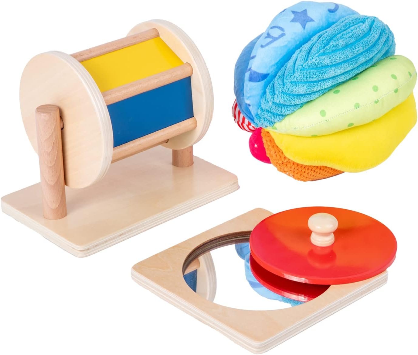 Montessori Baby Toys Play Kit – Mirror, Peekaboo, Knob Puzzle, Spinning Drum, Rainbow Ball – 6-12 Months Toddlers