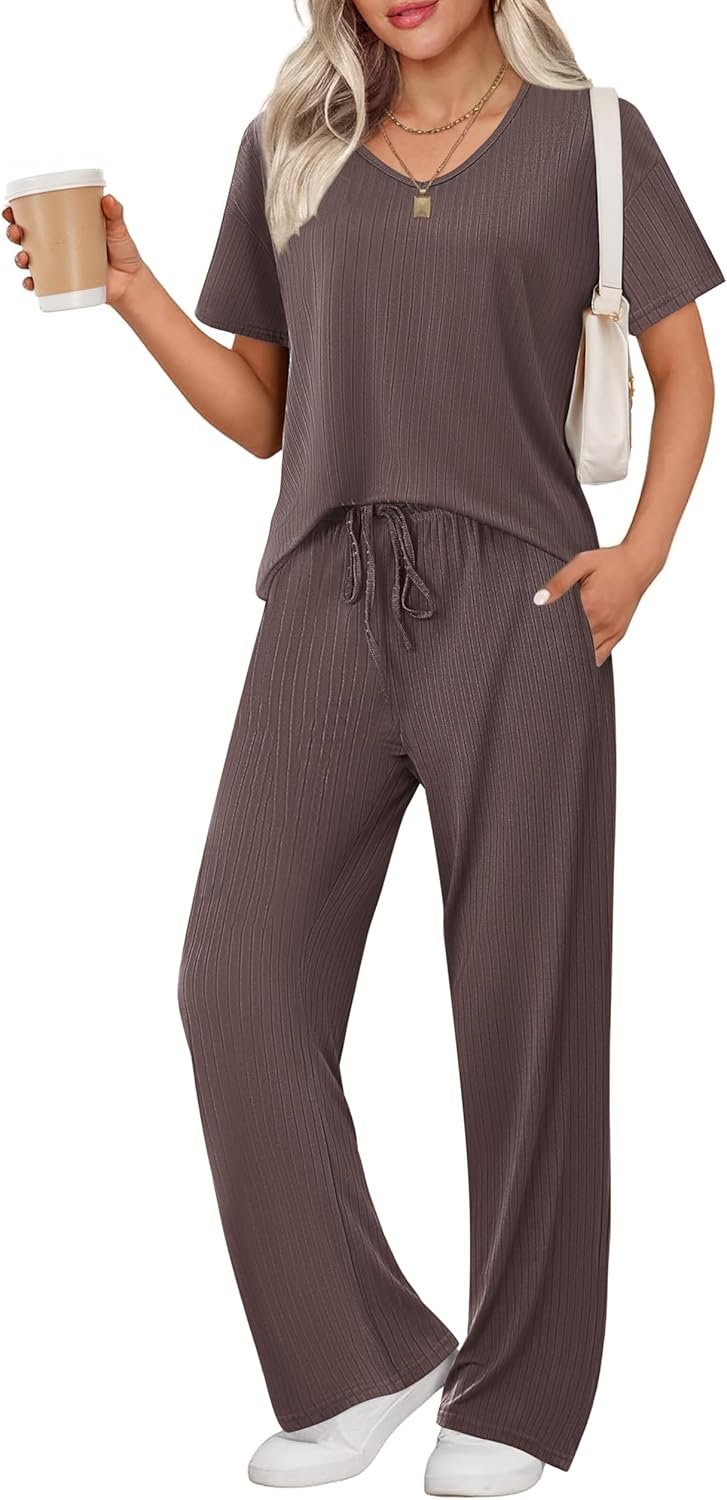 Ekouaer Womens Ribbed Knit Lounge Set Short Sleeve Top and Long Pants Sleepwear Pajama Set Two Piece Matching Outfits Set