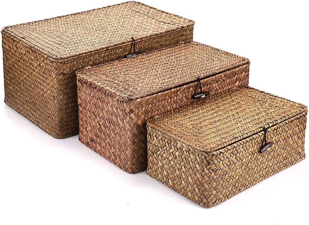 Hipiwe Set of 3 Natural Seagrass Storage Baskets with Lid – Large Handwoven Wicker Storage Bins Rectangular Household Organizer Boxes Shelf Wardrobe Organizer, Coffee