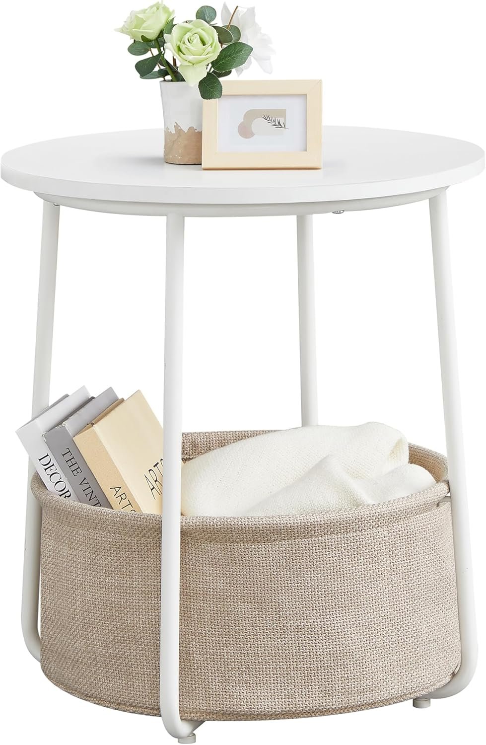 VASAGLE LILEA Collection – Small Round Side End Table, Modern Nightstand with Fabric Basket, Matte White and Camel Brown ULET223W10