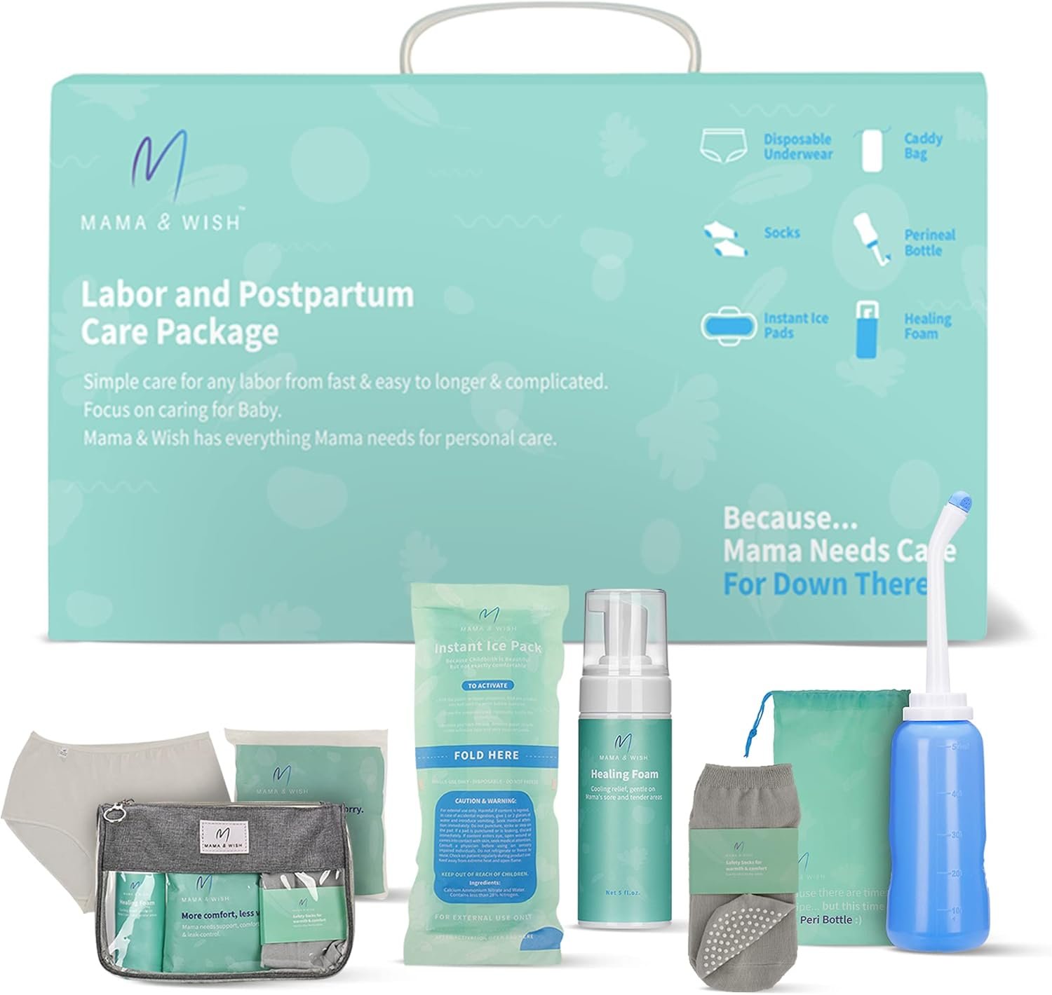 Mama & Wish® Postpartum Essentials Kit – Labor and Delivery Essentials for Moms After Birth – Postpartum Recovery Kit Includes Peri Bottle, Witch Hazel, Comfy Garments & More
