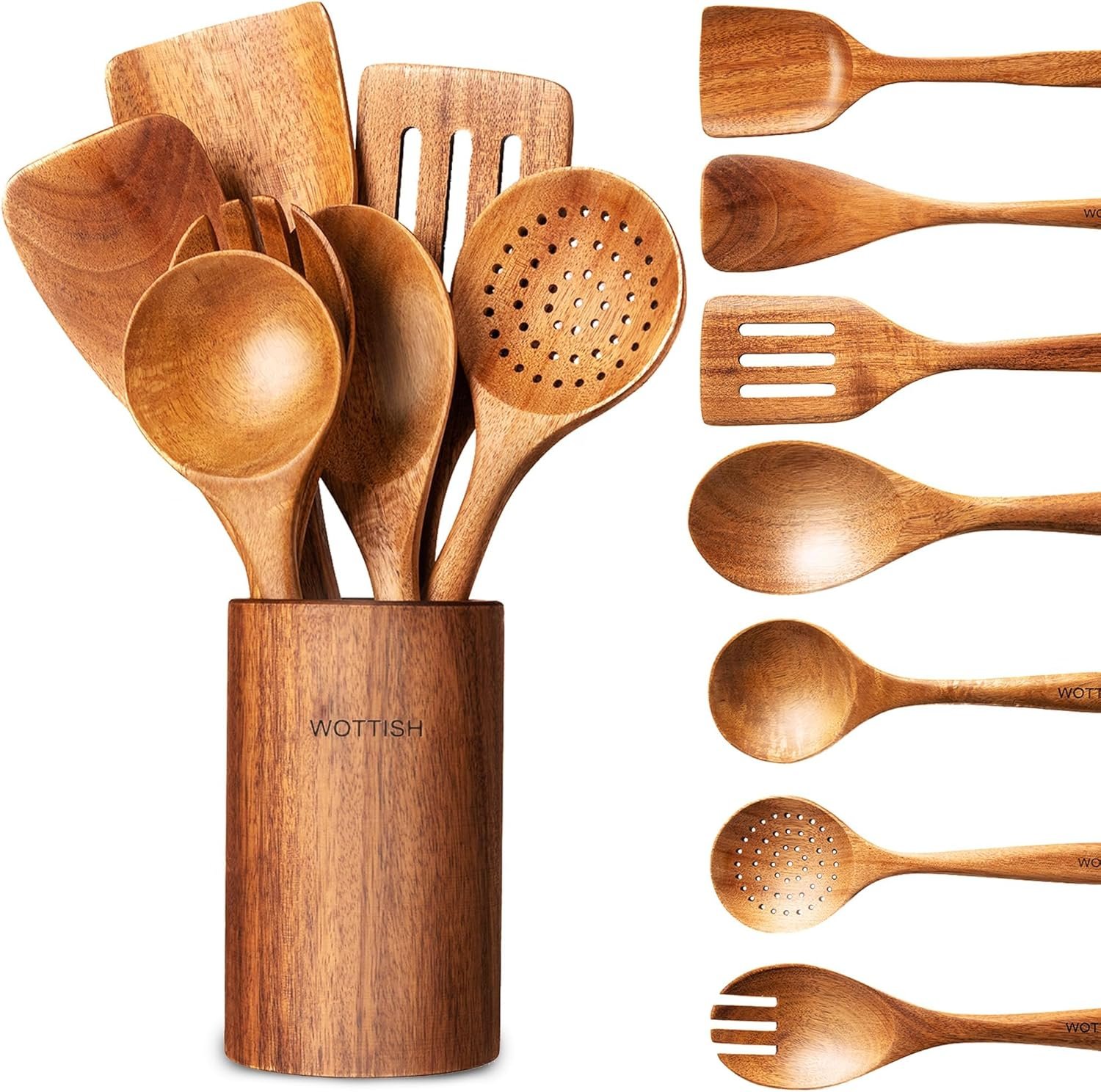 Wooden Spoons for Cooking – 8-Piece Wooden Kitchen Utensil Set made of Natural Solid Wood Material – Includes Spoons, Spatulas, Ladles, Strainer Spoon, Salad Fork, Mixing Spoon and Utensil Holder