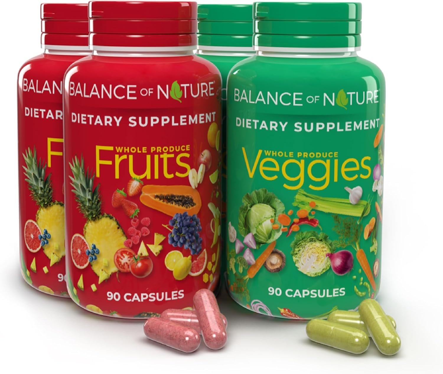 Balance of Nature Fruits & Veggies Supplements – Whole Fruit and Vegetable Ingredients for Women, Men, and Kids – 90 Fruits Capsules, 90 Veggies Capsules – 2 Sets