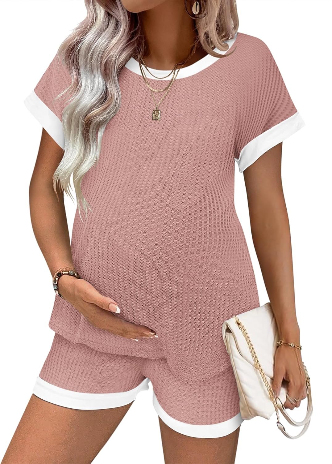 Ekouaer Women’s Waffle Knit Maternity Pajamas 2 Piece Outfits Short Sleeve Tops and Shorts Loungewear Set Pregnancy Clothes
